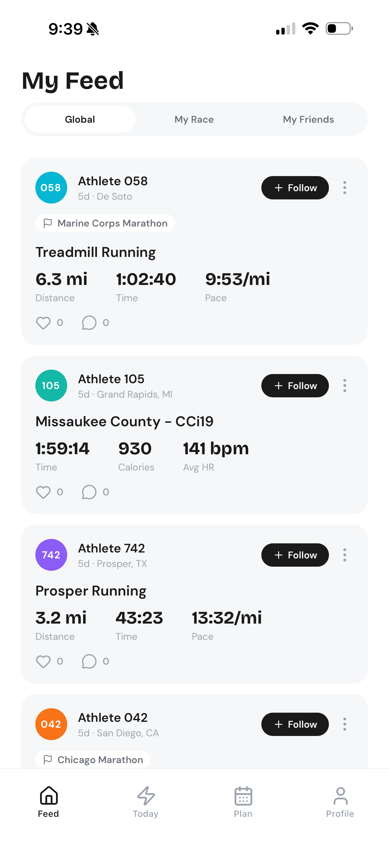 The Stride feed showing runners training for Marine Corps and Chicago marathons