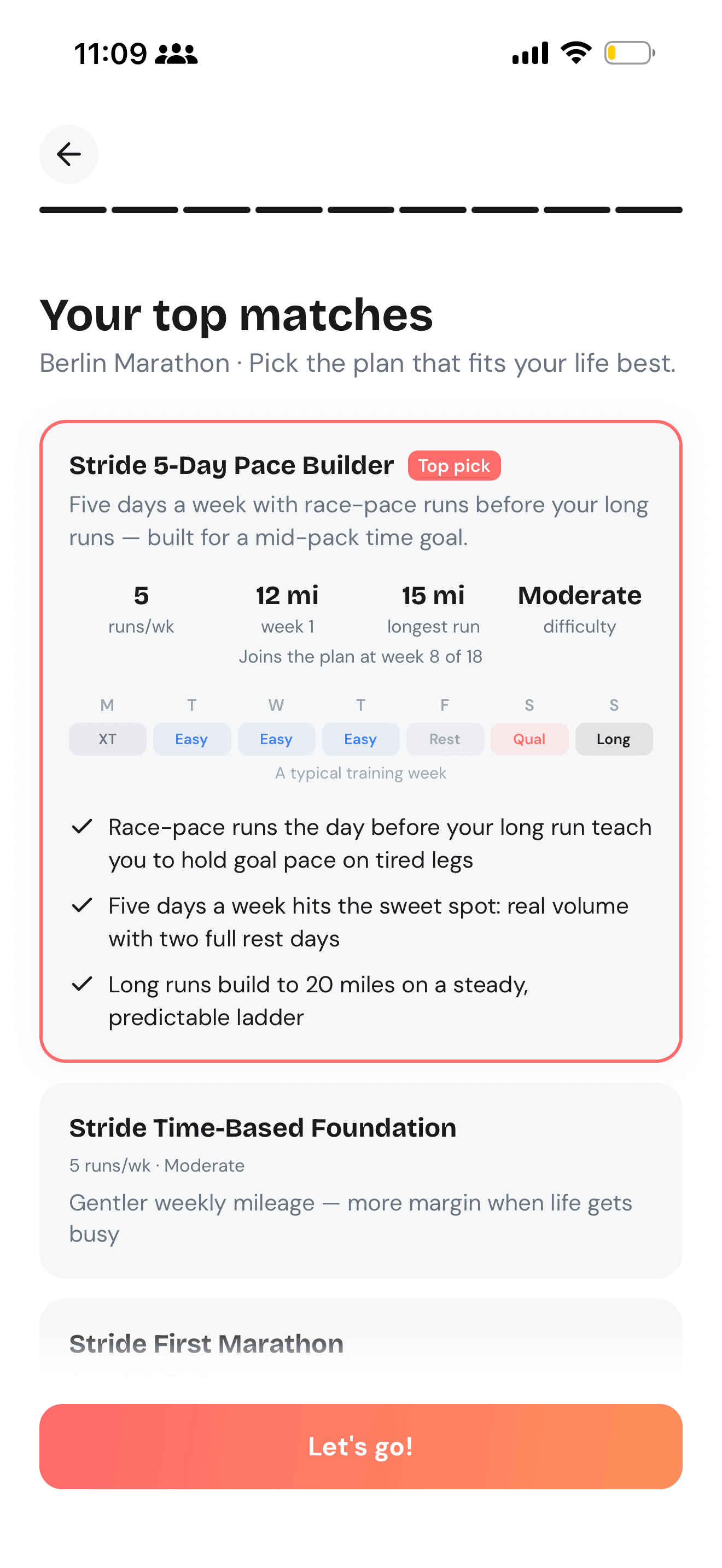 Stride's plan matches for a Berlin Marathon runner with a top-pick plan
