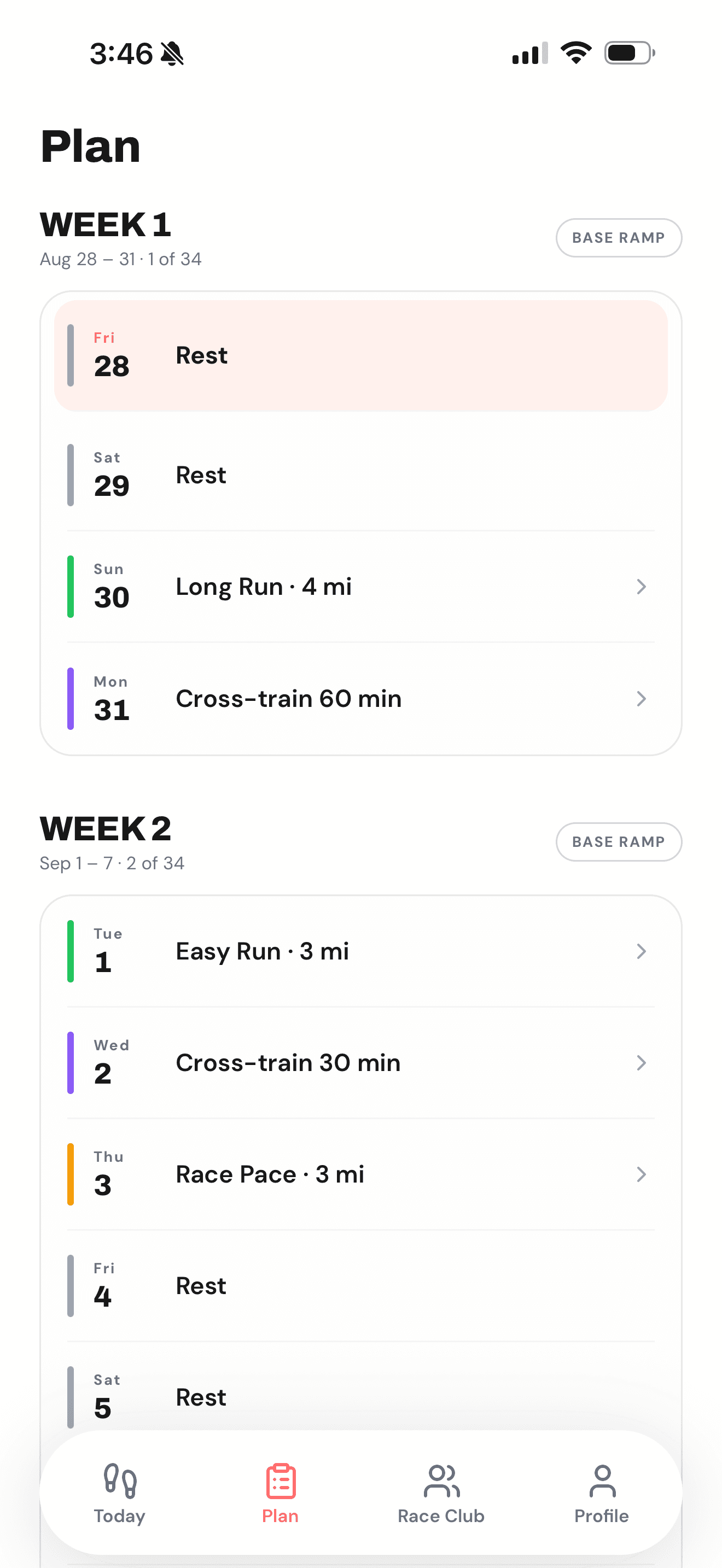 A full Stride marathon plan with each day's scheduled workout