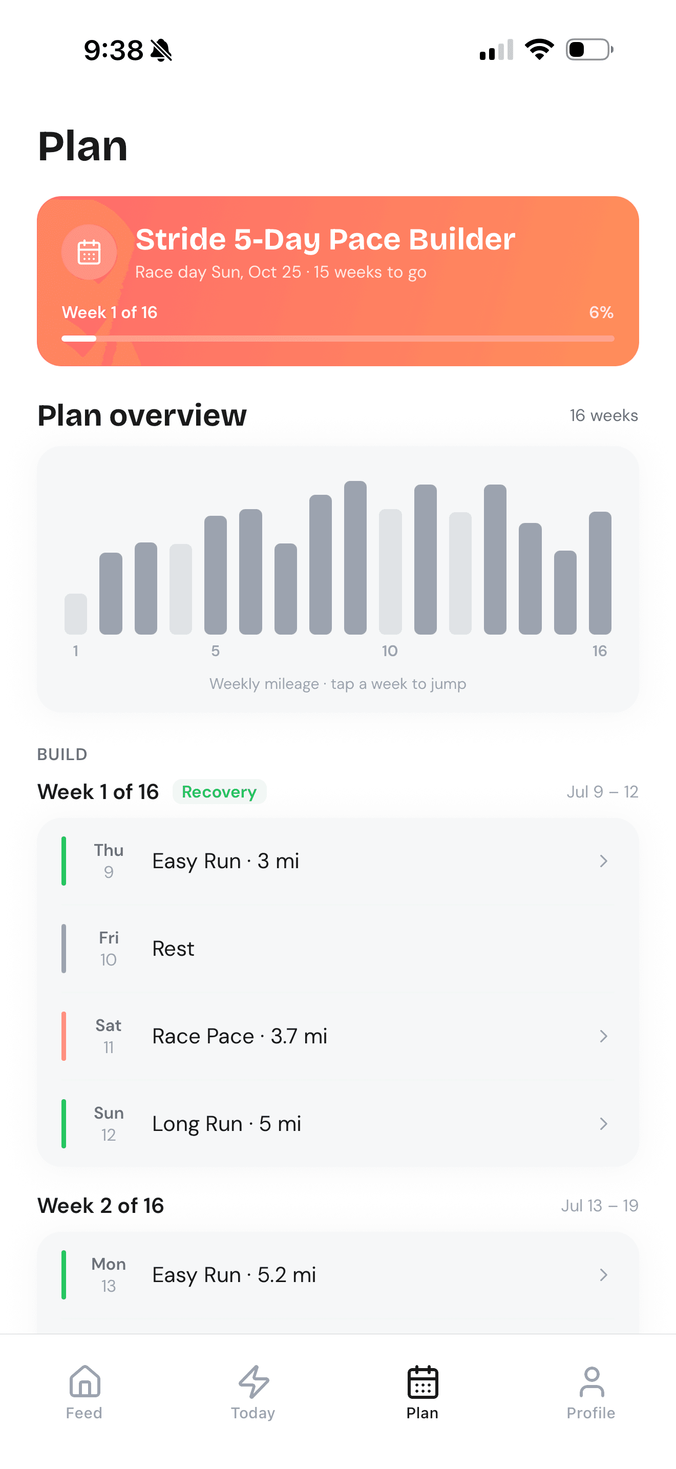 A Stride marathon plan: the Stride 5-Day Pace Builder, a 16-week mileage chart, and each day's workout counting down to race day