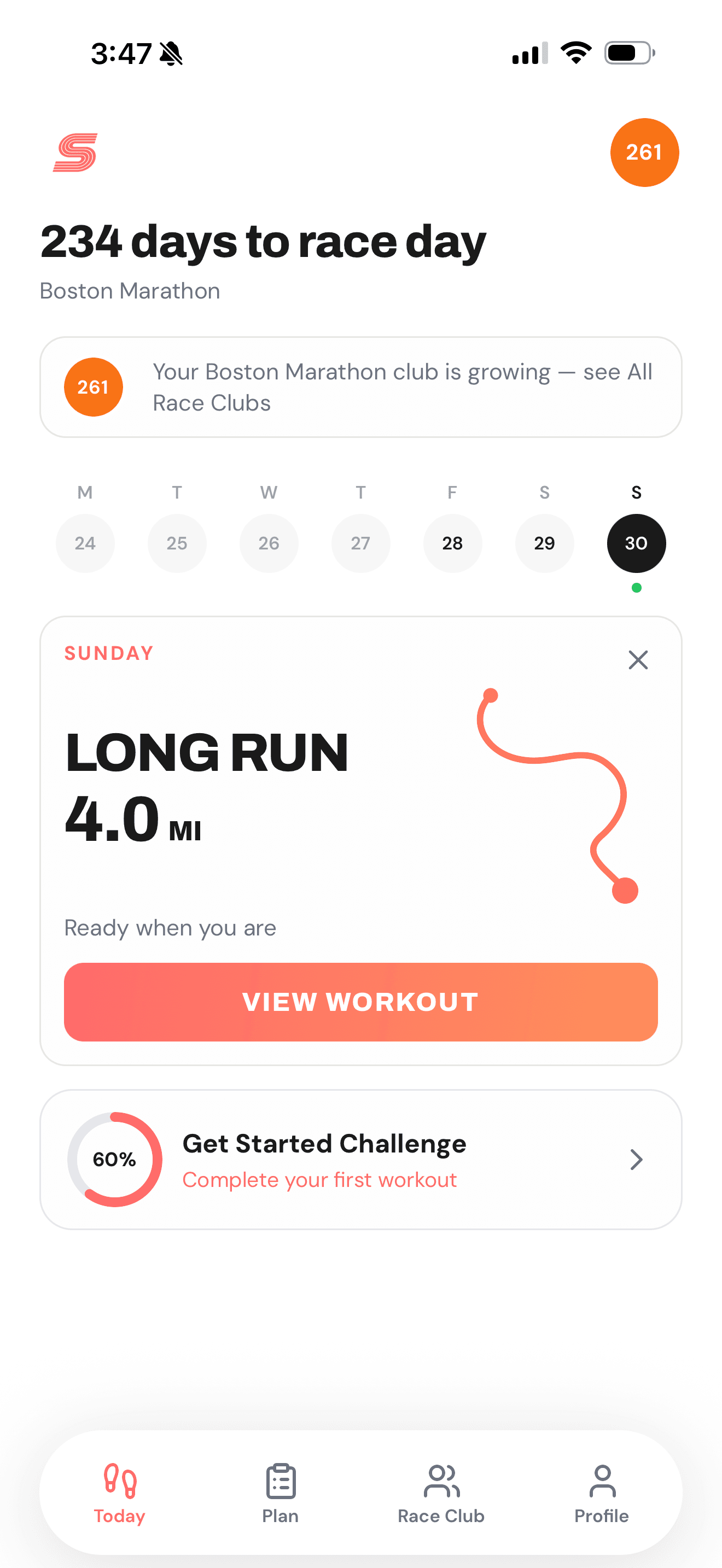 The Stride Today screen with the day's workout and race countdown