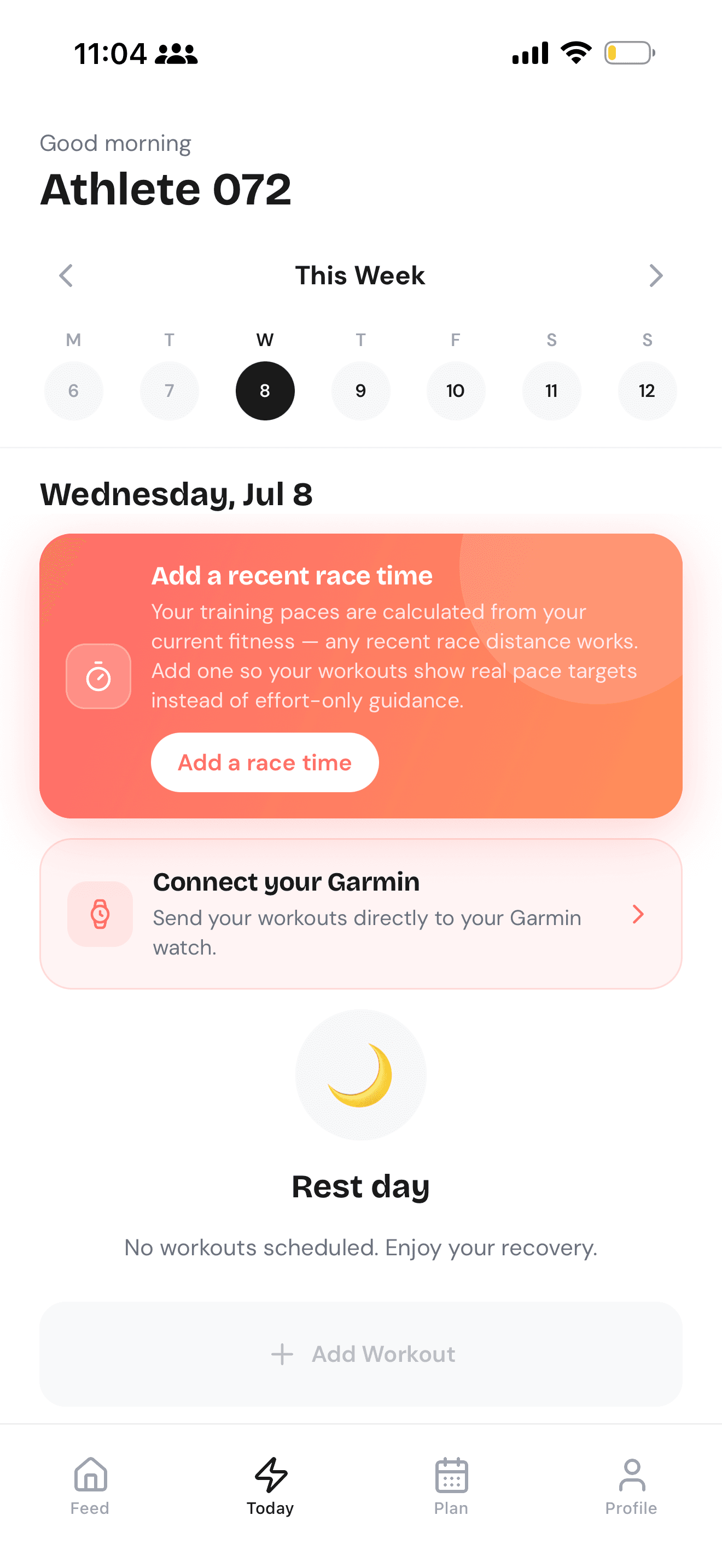 The Stride Today screen with the day's workout, race countdown, and Garmin sync