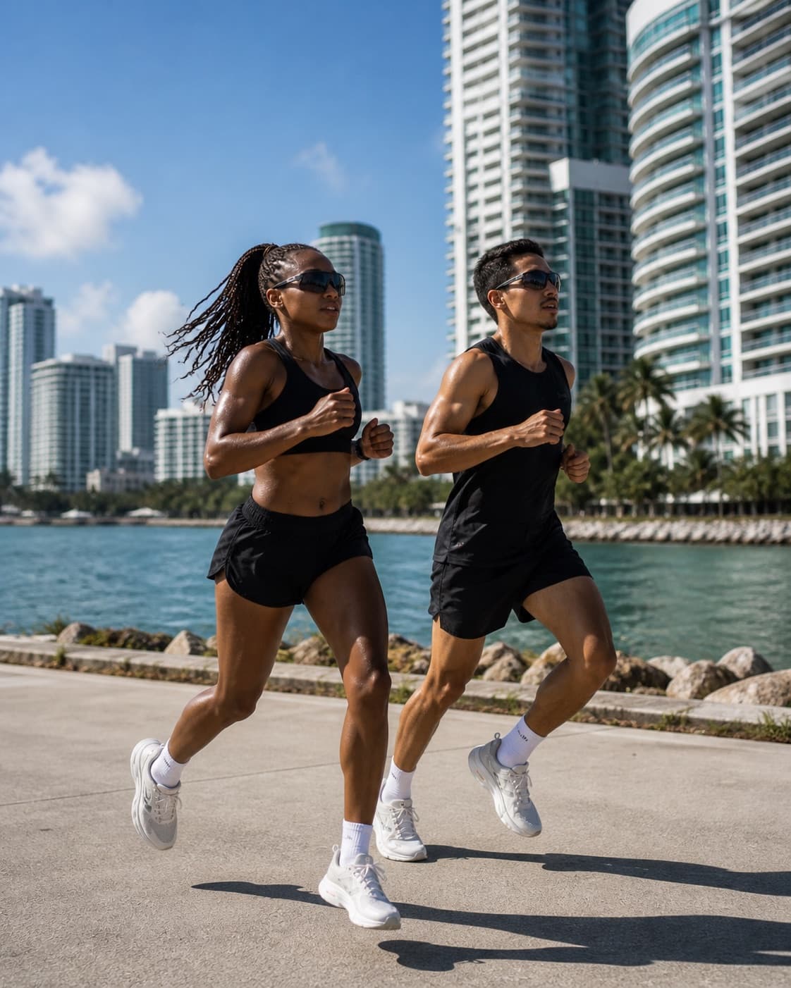 Two runners training together beside the waterfront